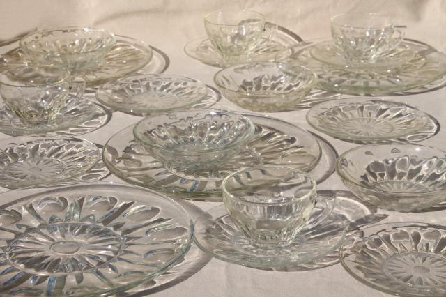 vintage dot and point pattern pressed glass dishes, plates, bowls, cups & saucers