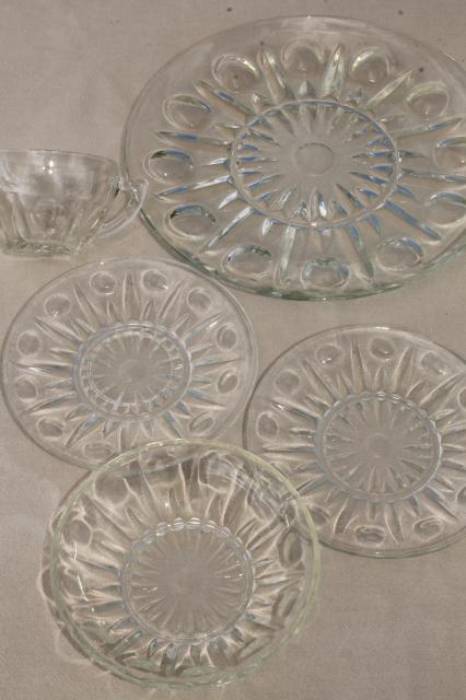vintage dot and point pattern pressed glass dishes, plates, bowls, cups & saucers