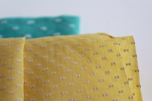 vintage dotted swiss embroidered dot sheer cotton fabric, yellow, mint green