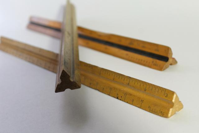 vintage drafting measures, old wood rulers triangular scales for architectural drawings