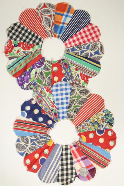 vintage dresden plate quilt blocks, cotton prints 1930s - 1950s hand sewn patchwork