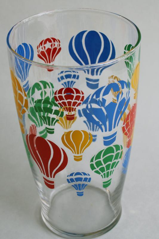 vintage drinking glass w/ hot air balloons print, big cooler or drink mixer glass