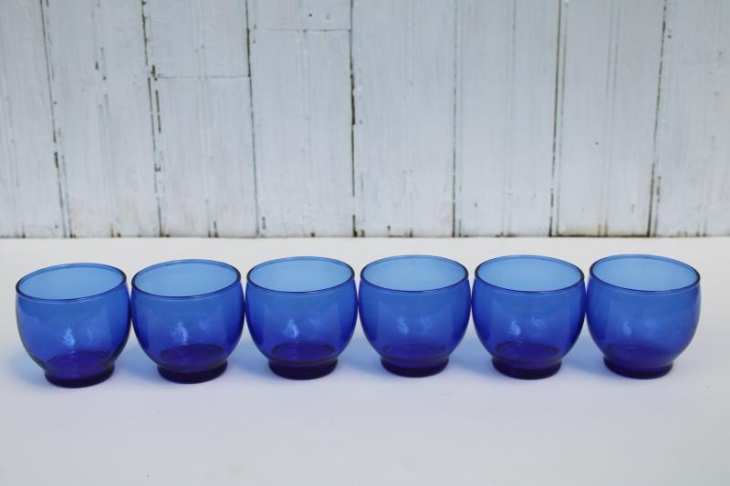 vintage drinking glasses, cobalt blue glass roly poly glasses, little round tumblers