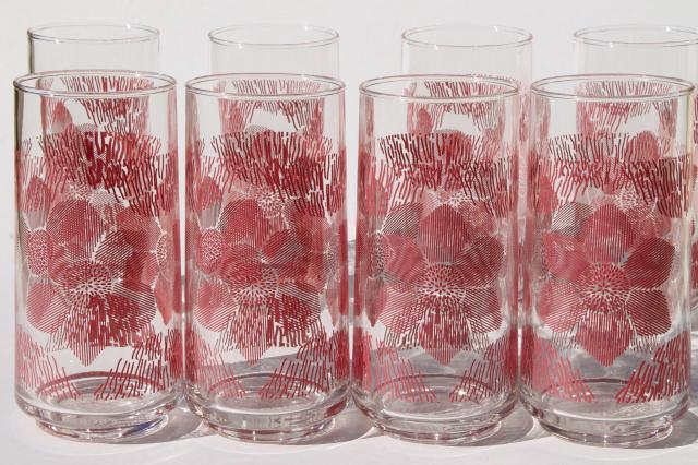 vintage drinking glasses, tall cooler iced tea tumblers w/ rose red flowers print