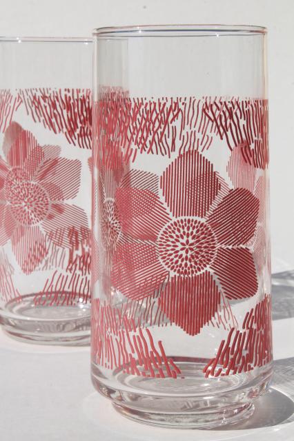 vintage drinking glasses, tall cooler iced tea tumblers w/ rose red flowers print