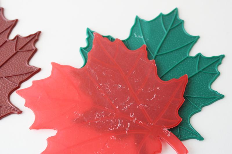 vintage drinks coasters, colored plastic maple leaves, autumn leaf retro fall decor