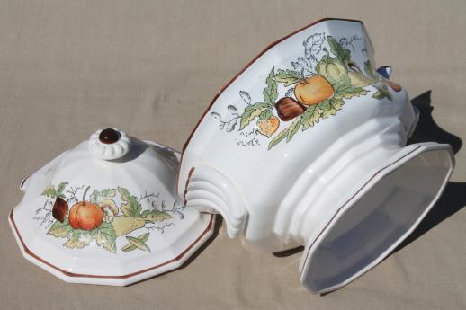 vintage earthenware tureen w/ plate & ladle, fall harvest fruits & flowers