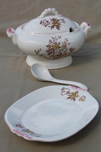 vintage earthenware tureen w/ plate & ladle, fall harvest transferware flowers