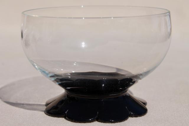 vintage ebony black / clear glass dessert dishes, Weston lilly pad water lily flower foot
