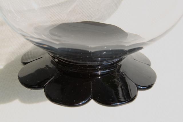 vintage ebony black / clear glass tumblers & sherbets, Weston lily pad waterlily flower foot
