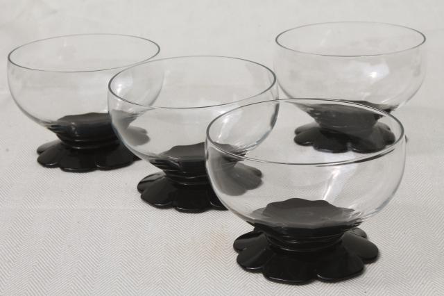 vintage ebony black / clear glass tumblers & sherbets, Weston lily pad waterlily flower foot