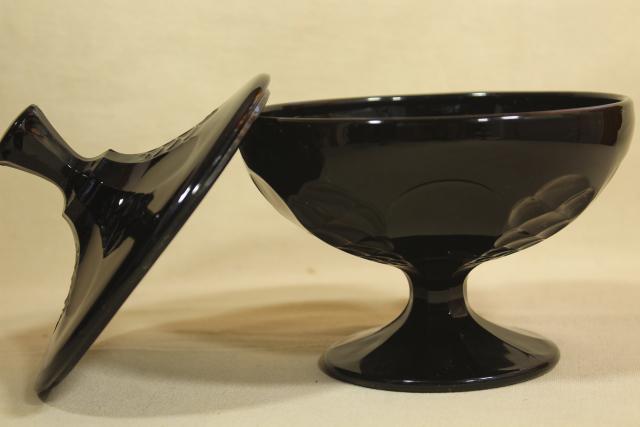 vintage ebony black opaque glass candy dish, footed bowl w/ lid, black milk glass