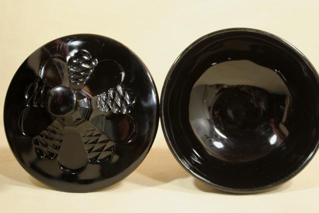 vintage ebony black opaque glass candy dish, footed bowl w/ lid, black milk glass