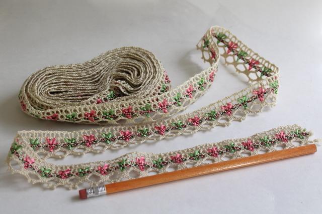 vintage ecru cotton cluny type lace edging w/ rose pink & green rayon silky thread