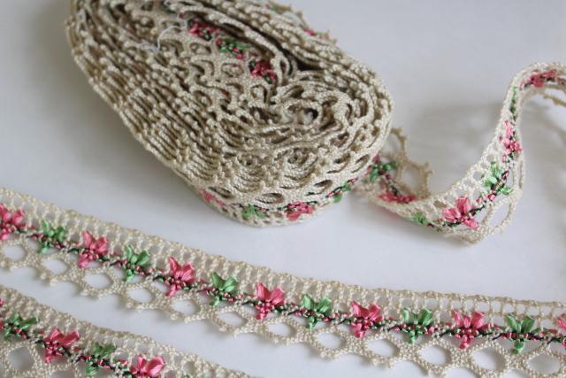 vintage ecru cotton cluny type lace edging w/ rose pink & green rayon silky thread
