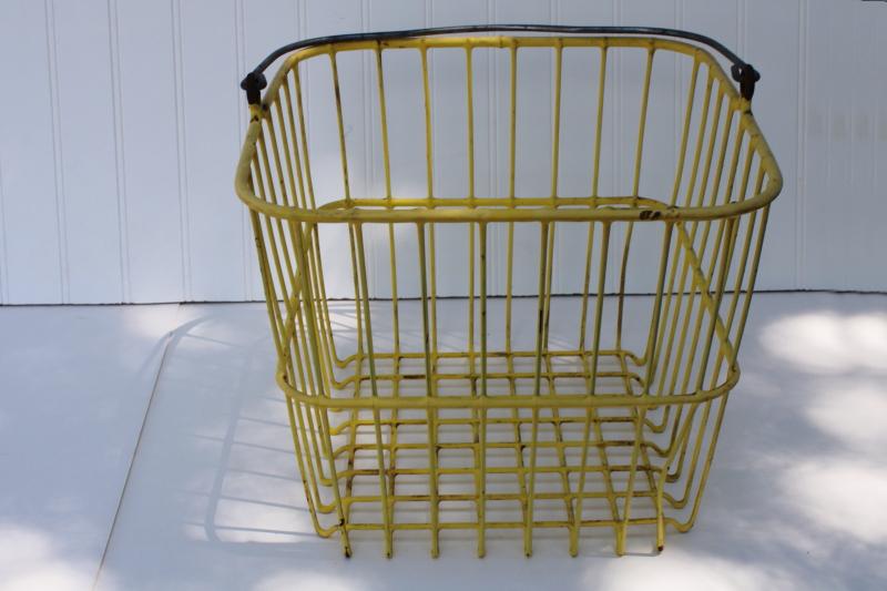 vintage egg basket, large square gathering basket, yellow coated wire basket w/ handle