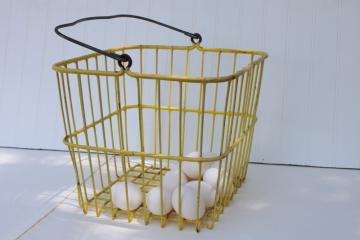 vintage egg basket, large square gathering basket, yellow coated wire basket w/ handle