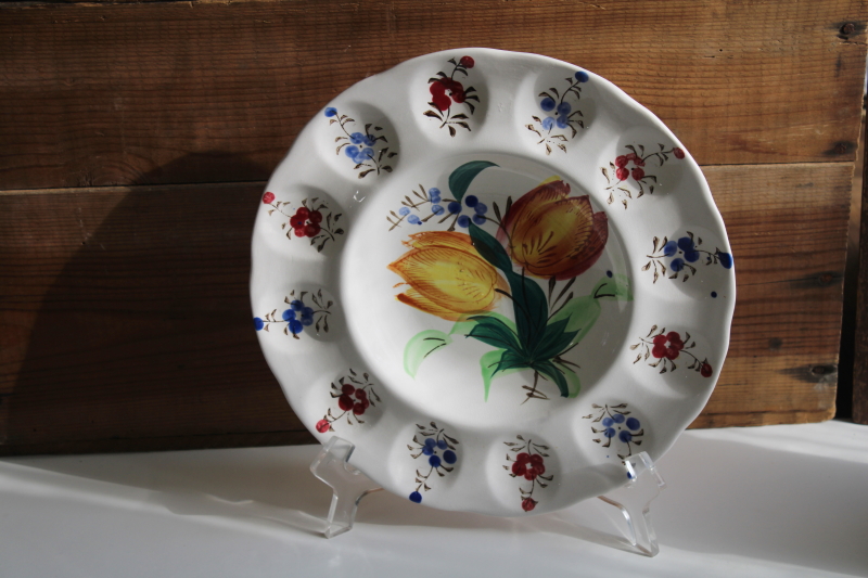 vintage egg plate, hand painted ceramic Italy colorful floral spring tulips