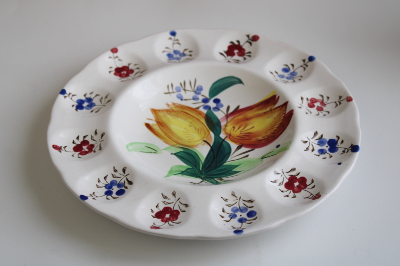 vintage egg plate, hand painted ceramic Italy colorful floral spring tulips