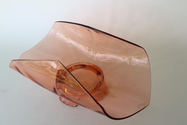 vintage elegant glass banana bowl, low stand art deco shape, topaz amber color