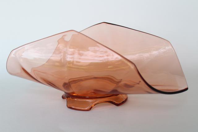vintage elegant glass banana bowl, low stand art deco shape, topaz amber color