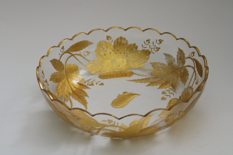 vintage elegant glass, gold decorated wheel cut glass fruit bowl or centerpiece