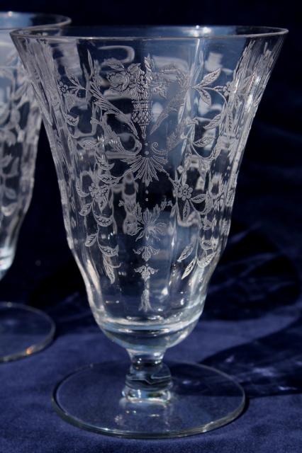 vintage elegant glass iced tea glasses, optic pattern footed tumblers w/ etched design