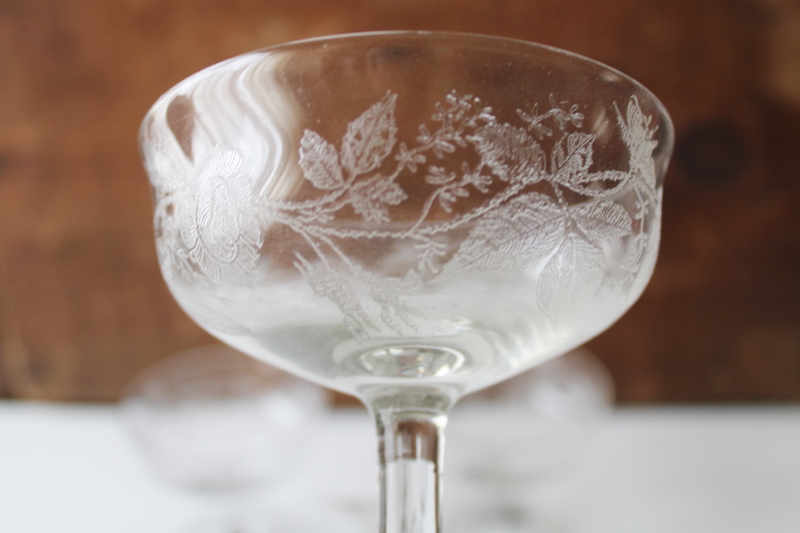 vintage elegant glass sherbet dishes or champagne glasses etched roses rose leaf