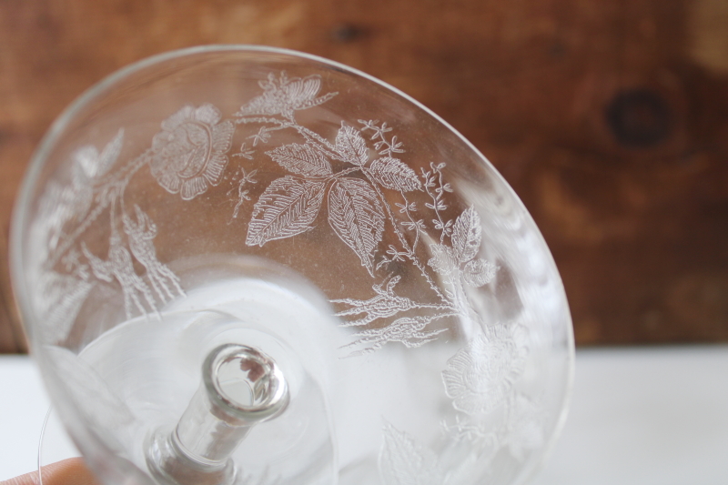 vintage elegant glass sherbet dishes or champagne glasses etched roses rose leaf