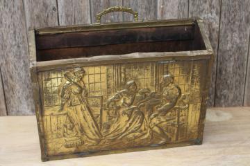 vintage embossed brass magazine stand or music rack, scenes from Shakespeare