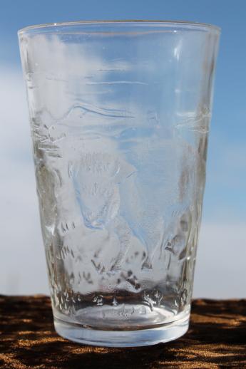 vintage embossed clear glass tumblers w/ buffalo, bears, animals of the Rockies scenic EAPG