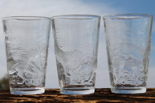 vintage embossed clear glass tumblers w/ buffalo, bears, animals of the Rockies scenic EAPG