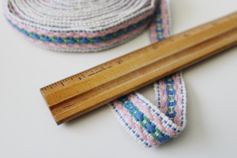 vintage embroidered cotton braid pink & blue, girly boho retro sewing trim