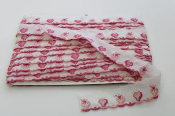 vintage embroidered cotton edging w/ pink strawberries, flat trim raw edge to ruffle