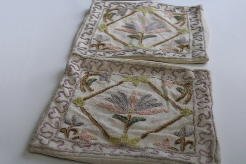 vintage embroidered cotton pillow covers, crewel style flowers punch needle wool work