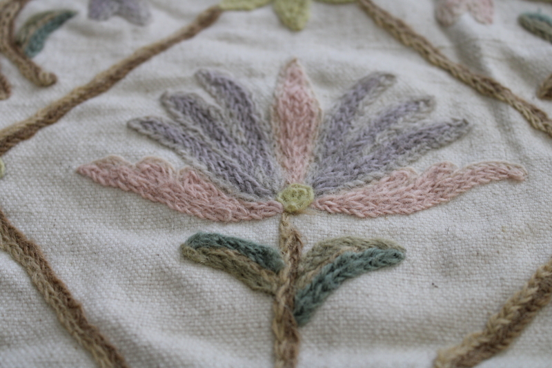 vintage embroidered cotton pillow covers, crewel style flowers punch needle wool work