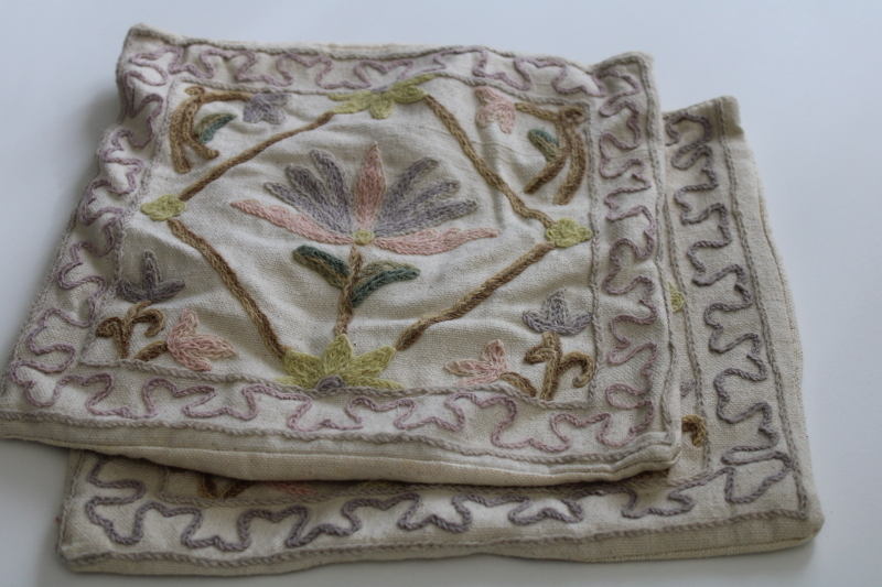 vintage embroidered cotton pillow covers, crewel style flowers punch needle wool work