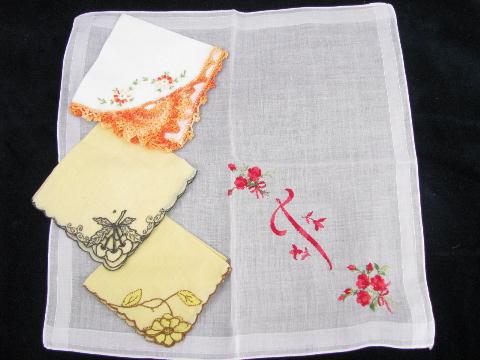 vintage embroidered fine cotton & linen hankies, Swiss handkerchiefs lot