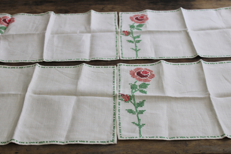 vintage embroidered linen cloth placemats, napkins, coasters set cross stitch roses
