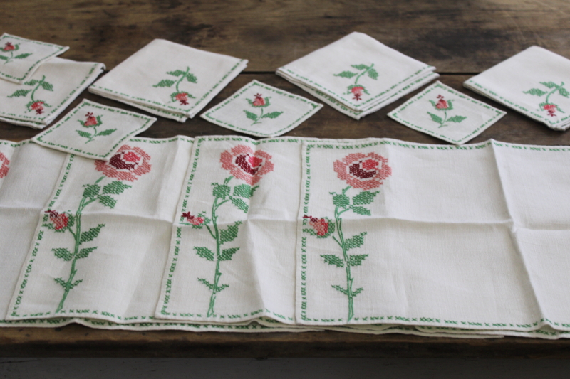 vintage embroidered linen cloth placemats, napkins, coasters set cross stitch roses