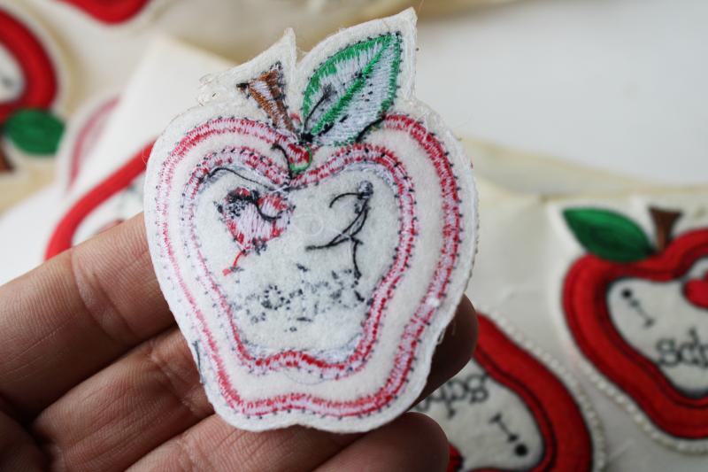 vintage embroidered patches, I heart School apple shapes, sticker sew on appliques
