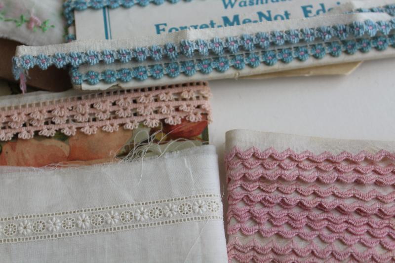 vintage embroidered trim, edgings, insertion lot heirloom sewing notions baby blue & pink