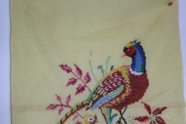 vintage embroidered wall hanging picture, pair of pheasants, rustic game birds