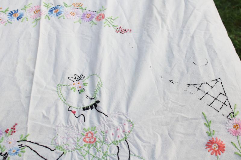 vintage embroidery, hand embroidered cotton bedspread w/ sunbonnet lady belles