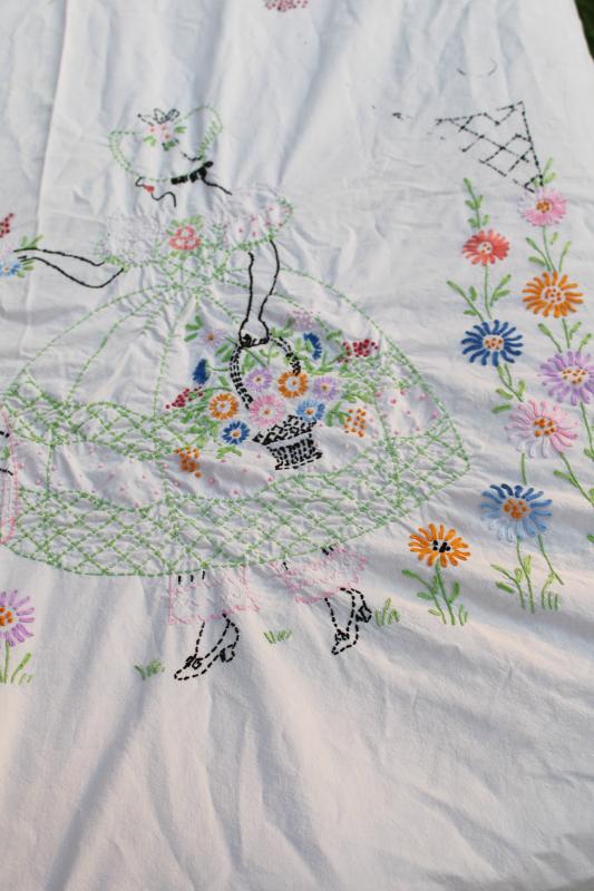 vintage embroidery, hand embroidered cotton bedspread w/ sunbonnet lady belles