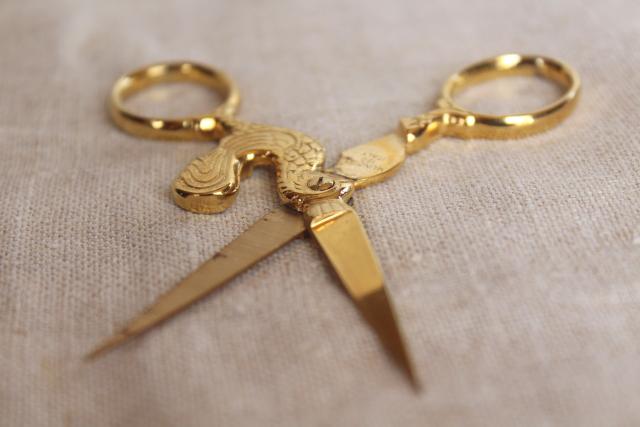 vintage embroidery scissors, Mundial Italy gold plated rooster small snips
