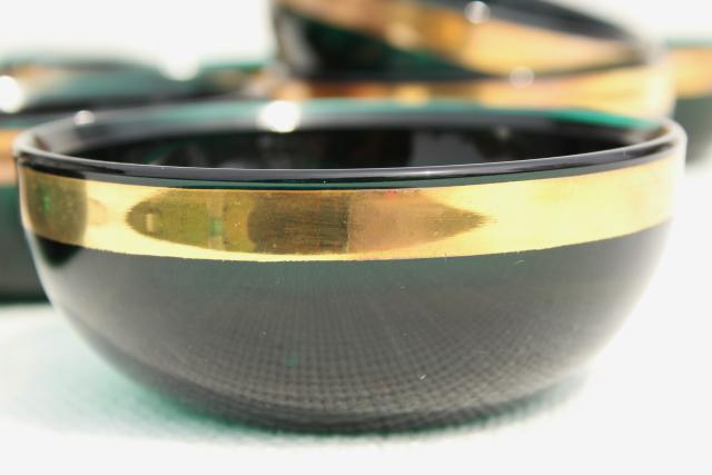 vintage emerald green glass bowls w/ wide gold band, Colonial candles new old stock