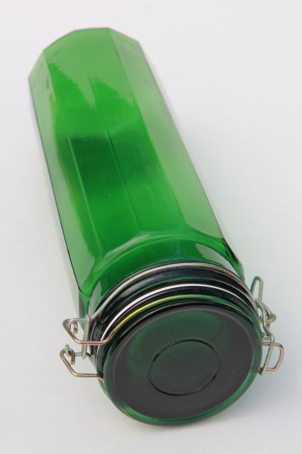 vintage emerald green glass kitchen canister, tall spaghetti jar, 80s retro