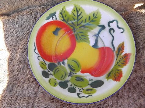 vintage enamel kitchen utility bowl, painted w/ bright fruit pattern