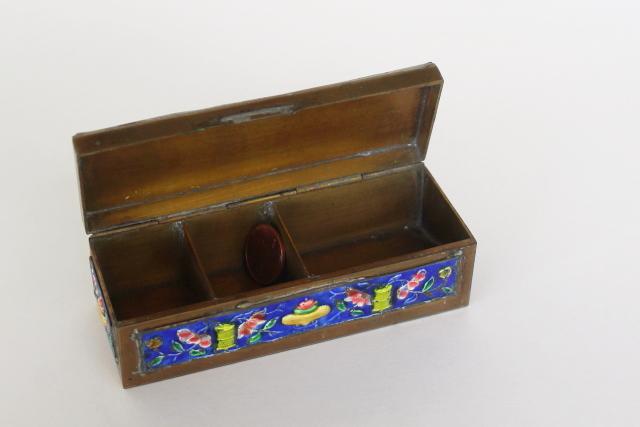vintage enameled brass box made in China, pocket spice box, snuff box, coin holder?